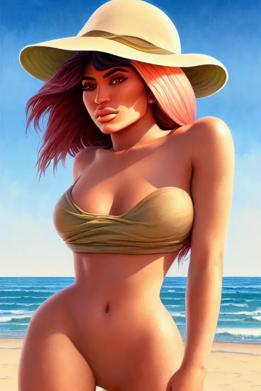 Prompt: clear portrait of kylie jenner on the beach, cottagecore!!, background hyper detailed, character concept, full body, dynamic pose, elegant, intricate, highly detailed, digital painting, artstation, concept art, smooth, sharp focus, illustration, art by artgerm and greg rutkowski and alphonse mucha