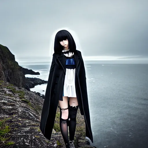 Prompt: 1 7 - year - old anime goth girl, black hair, long bob cut, long bangs, gothic coat, long bangs, standing on cliff along the irish coast, overcast gray skies, ultra - realistic, sharp details, cold lighting, blue and gray colors, intricate details, subsurface scattering, hd anime, 2 0 1 9 anime