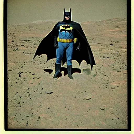 Prompt: grainy 1970s polaroid of batman on mars