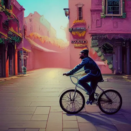 Image similar to a beautiful painting of a very detailed gangster riding a bike in a old town by dan mumford, beeple, trending on artstation, vapourwave