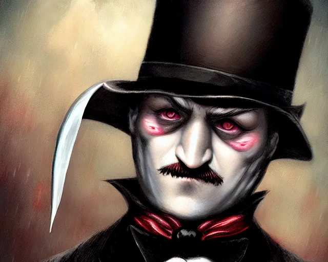 Image similar to closeup profile portrait of jack the ripper as batman, nicoletta ceccoli, mark ryden, lostfish, max fleischer, hyper realistic, artstation, illustration, digital paint, matte paint, vivid colors, bright, cheerful, detailed and intricate environment