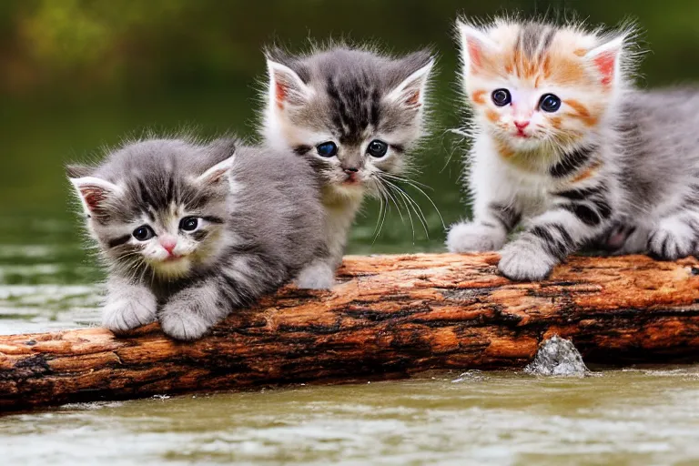 Image similar to kittens walking on a log that crosses a river