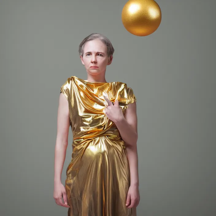 Prompt: a closeup portrait of a woman wrapped in plastic, standing next to a levitating gold orb, in a suburb, color photograph, by vincent desiderio, canon eos c 3 0 0, ƒ 1. 8, 3 5 mm, 8 k, medium - format print