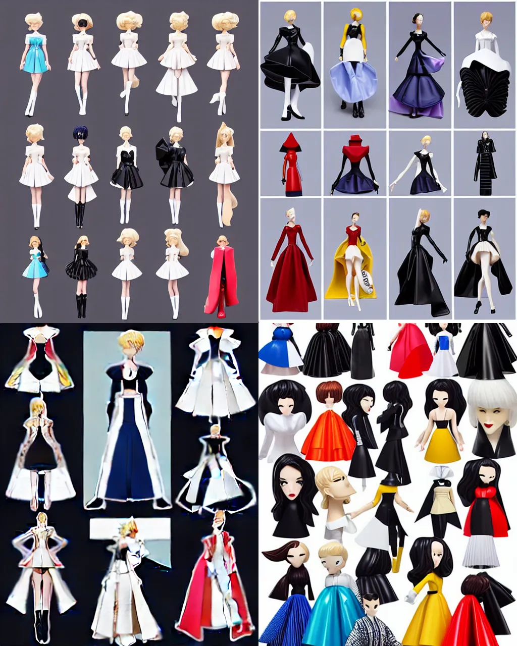 Prompt: designer vinyl figure collection ball shaped accordion sleeve haute couture, sailor uniform, midi skirt, coat, synthetic curves striking pose, dynamic folds, cute pockets, volume flutter, youthful, modeled by modern designer bust, anime stylized, body fit, award fashion, holographic tones, expert composition, professional retouch, editorial photography