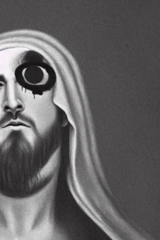 Image similar to jesus christ wearing a blinfold, peeking over blinfold with one eye, staring