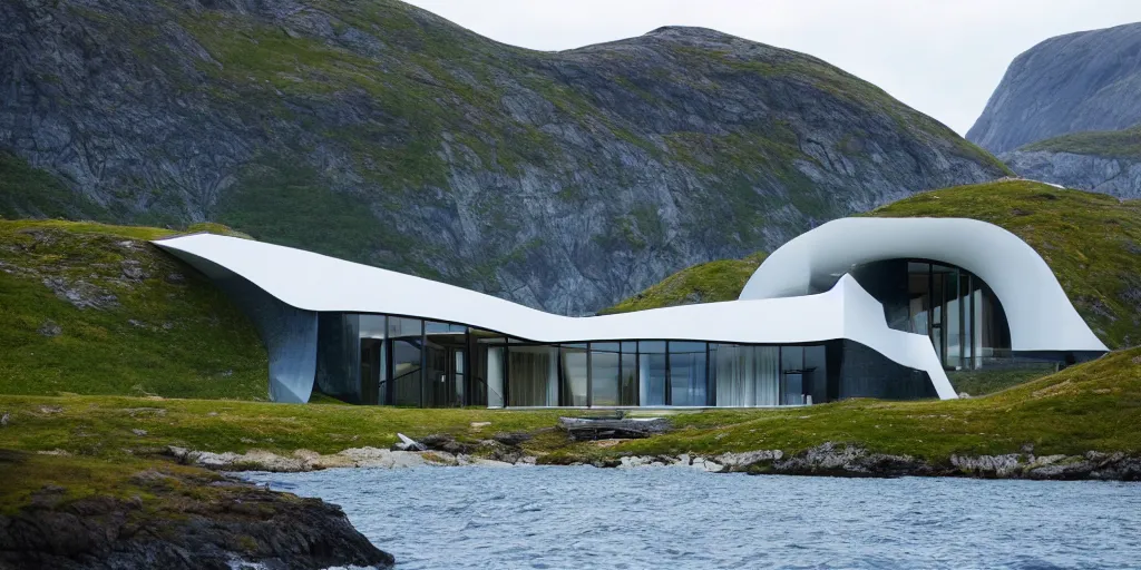 Prompt: modern norwegian fjord beach house designed by zaha hadid, contemporary architecture, photography