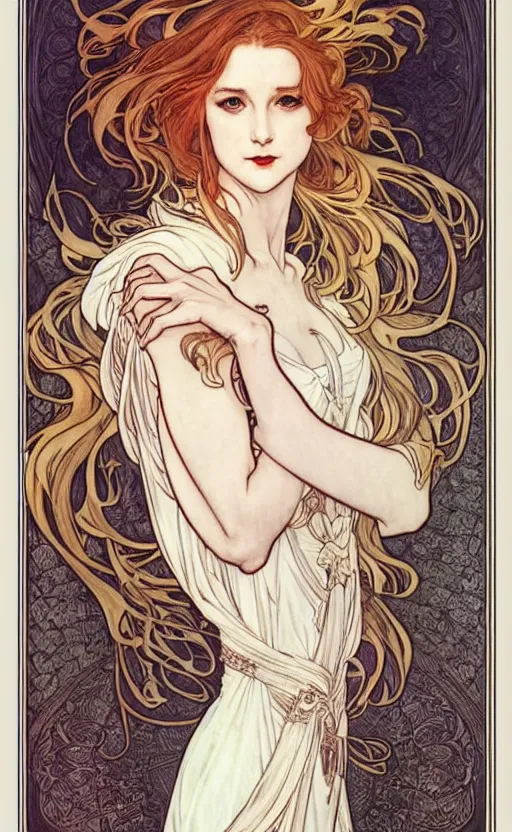 Prompt: in the style of artgerm, arthur rackham, alphonse mucha, evan rachel wood, symmetrical eyes, symmetrical face, flowing white dress, hair blowing, full body, intricate filagree, warm colors, cool offset colors