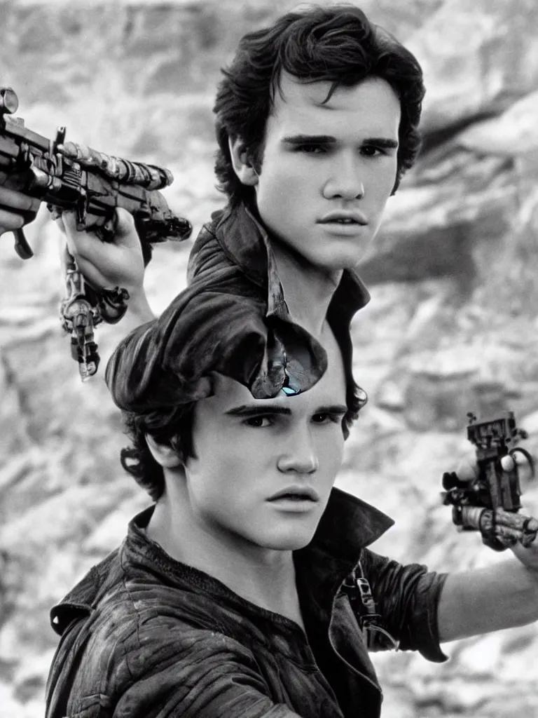 Prompt: Young Matt Dillon as Han Solo in Star Wars, hyperrealism, movie still, science fiction