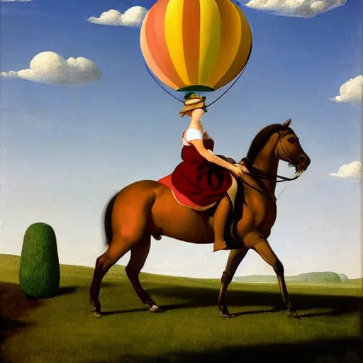 Image similar to a pure lady riding her horse, hot-air-balloon in the background, by Raphael, Hopper, and Rene Magritte. detailed, romantic, enchanting, trending on artstation.