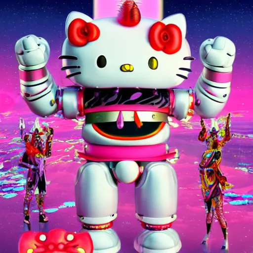 Image similar to a detailed 3 d render of a demonic japanese oni hellokitty mecha robot alien god wearing a raver outfit by lisa frank and cicely mary barker, taiyo matsumoto, myst, beeple, cgsociety, crisp, low angle shot