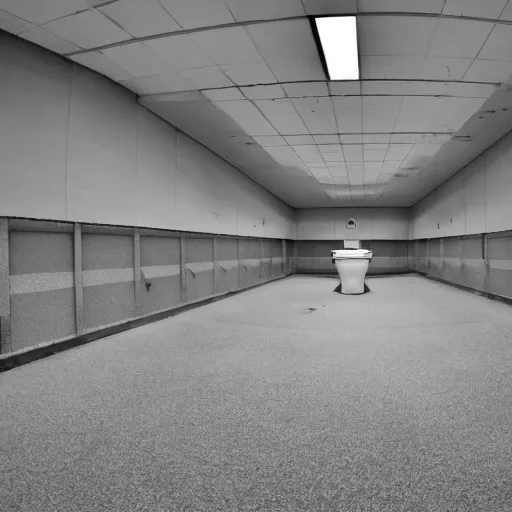 Image similar to distant single toilet in the middle of a huge abandoned mall, wide angle photography
