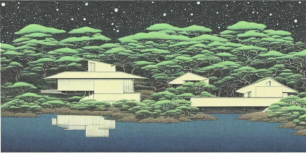 Image similar to painting by Hasui Kawase, atmospheric cozy futuristic organic white concrete house in the middle of a lush and dense forest at night, a beautiful lake next to it, night time, night sky, starry night sky, by Hasui Kawase