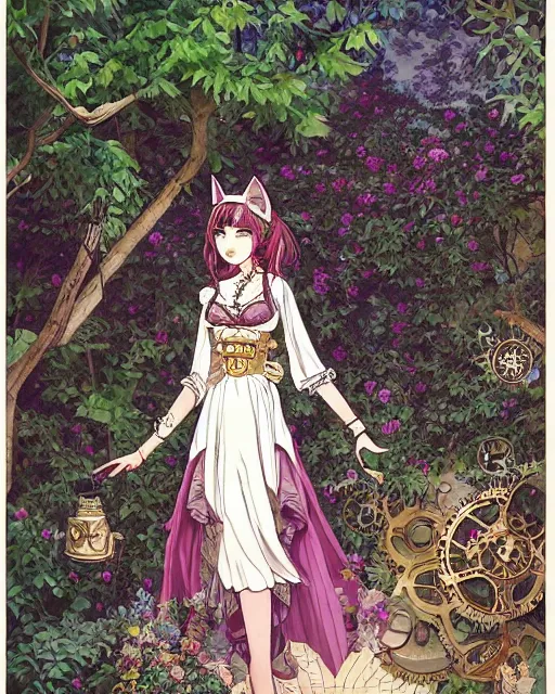 Prompt: middle eastern woman with cat ears, wearing a lovely dress in a steampunk garden. this watercolor painting by the award - winning mangaka has impeccable lighting, an interesting color scheme and intricate details.
