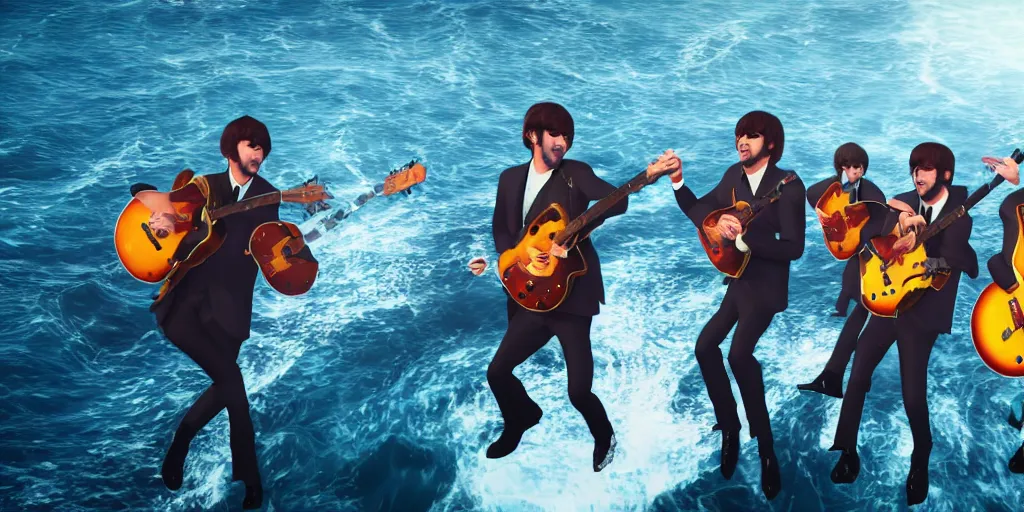 Image similar to a photo of 8k the beatles performing in the middle of the ocean, cinematic lighting, trending on artstation, 4k, hyperrealistic, focused, extreme details, unreal engine 5, cinematic, masterpiece