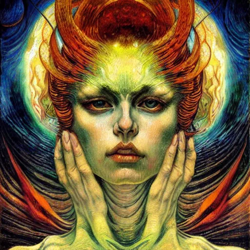 Image similar to Divine Chaos Engine by Karol Bak, Jean Delville, and Vincent Van Gogh, feminine, in the style of William Blake and Van Gogh