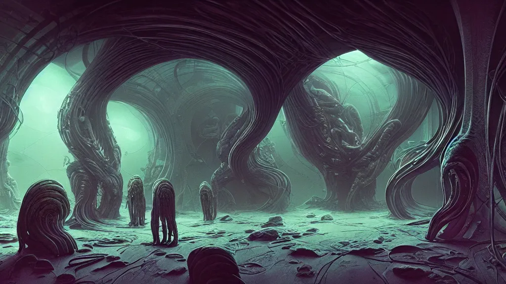 Image similar to Prometheus biological sci-fi environment set in a nightmarish universe of odd forms and somber tapestry, humans exploring, HR Giger and Zdzisław Beksiński, vivid color scheme, featured in artstation, octane render, cinematic, elegant, intricate, 8k