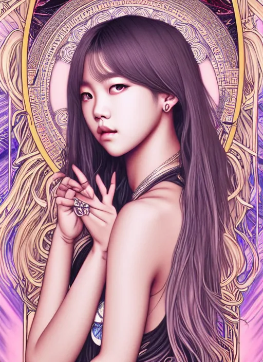 Image similar to lalisa manoban of blackpink, goddess of the moon, tarot card, highly detailed, digital painting, smooth, sharp focus, illustration, ultra realistic, 8 k, art by artgerm and alphonse mucha