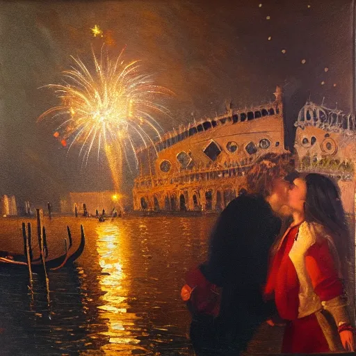 Image similar to an oil painting of couple kissing, in a background fireworks in venice