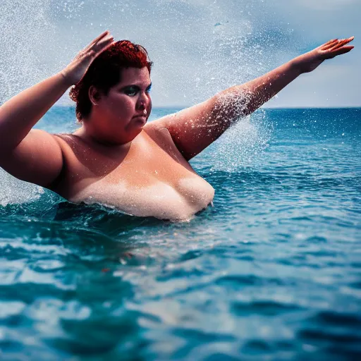 Prompt: a far shot photo of a obese women swimming behind a boat, 8k, DSLR, highly detailed skin, highly detailed hands