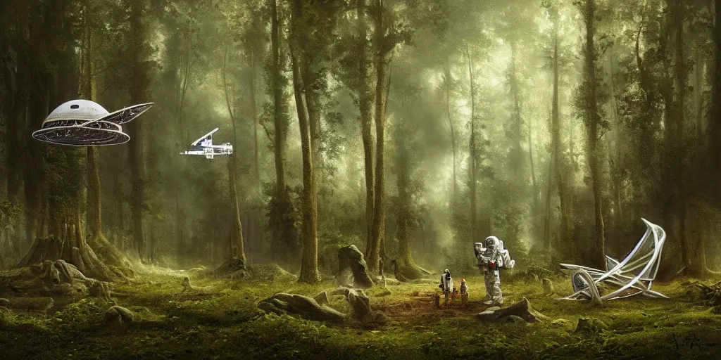 Image similar to an astronaut and a space ship in a forest, a detailed matte painting by frieke janssens, featured on cgsociety, space art, matte painting, matte drawing