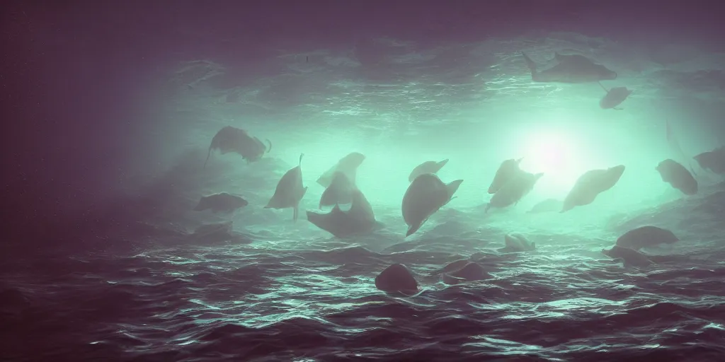 Prompt: ocean underwater night view of transparent bodied bioluminescent ocean creatures, octane render, cinema 4 d, light rays, cinematic lighting, golden ratio, underwater photography, realistic, volumetric lighting, wildlife documentary, by greg rutkowski