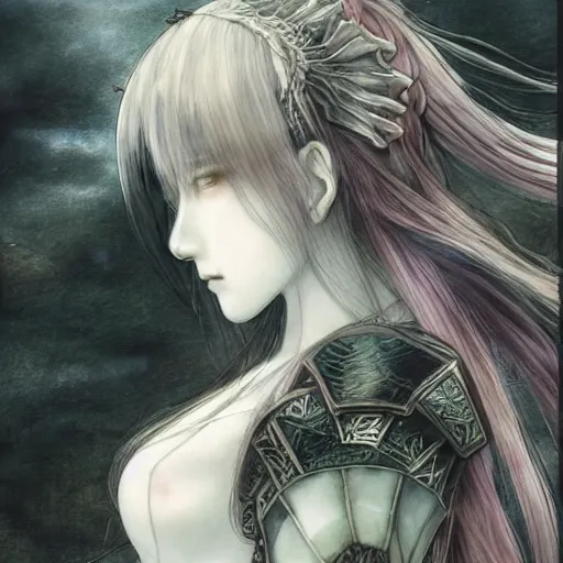 Prompt: yoshitaka amano blurred and dreamy illustration, renaissance oil portrait, realistic anime girl with long wavy white hair fluttering in the wind and black eyes wearing elden ring style armor with engraving, highly detailed, art by moon, abstraction in the background, strange camera angle, three - quarter view, noisy film grain effect, soft light, dark mood