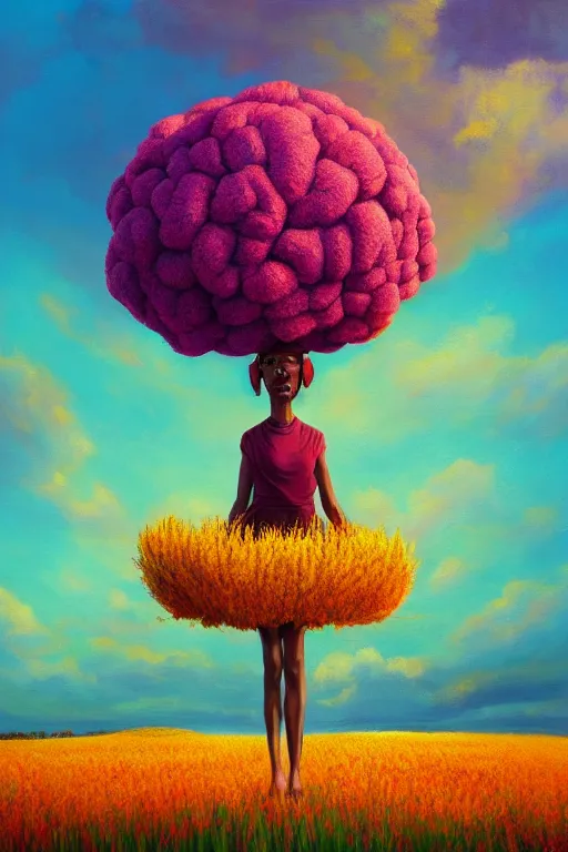 Prompt: closeup, a giant flower as the head, an african woman in heather field, surreal photography, golden hour, colorful clouds, impressionist painting, digital painting, artstation, simon stalenhag