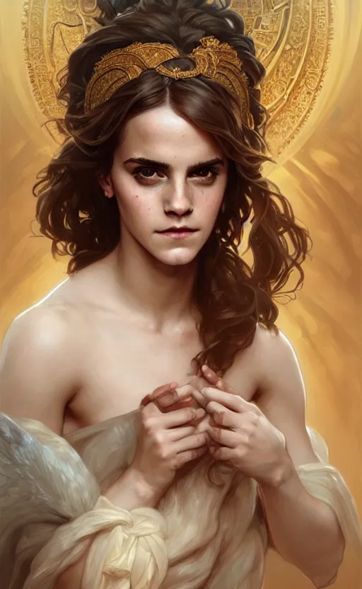 Prompt: portrait of emma watson as the goddess circe, greek mythology, intricate, headshot, highly detailed, digital painting, artstation, concept art, sharp focus, cinematic lighting, illustration, art by artgerm and greg rutkowski, alphonse mucha, cgsociety