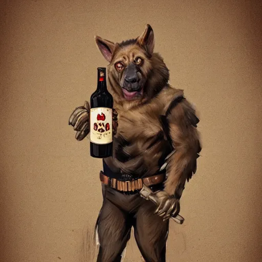 Image similar to a humanoid german shepherd beast - man in military style, holding a bottle of beer, artstation, concept art, smooth, sharp foccus ilustration, artstation