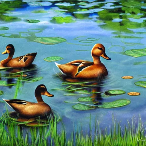 Prompt: Two ducks are playing chess in a pond, art by Dmitry Dubinsky