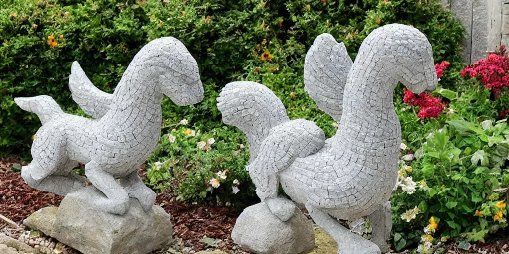 Image similar to extremely detailed carved concrete statue, pebble mosaic, of a griffin, in an english cottage style flower garden