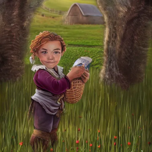 Prompt: portrait, a hardworking halfling female farmer, ragged clothes, standing in a field