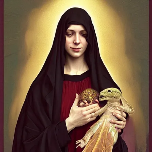 Prompt: the virgin mary holding a reptile, no baby, no baby, highly detailed, digital painting, concept art, smooth, sharp focus, illustration, surrealist, absurd, humorous, photoshop, art by artgerm and greg rutkowski and alphonse mucha