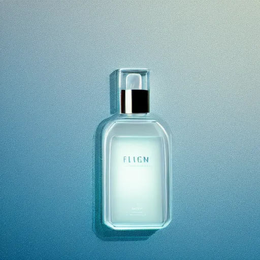 Prompt: perfume bottle standing in splashing tropical water, surrounded by leafy trees, light pastel blue sky and clouds in the background, softly - lit, soft - warm, zen, light, modern minimalist f 2 0 clean