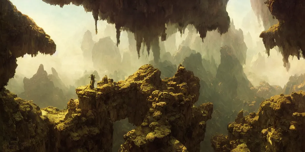 Image similar to huge cave ceiling clouds made of green earth towns, industry, steampunk villages castles, buildings inverted upsidedown mountain artstation illustration sharp focus sunlit vista painted by ruan jia raymond swanland lawrence alma tadema zdzislaw beksinski norman rockwell tom lovell alex malveda greg staples