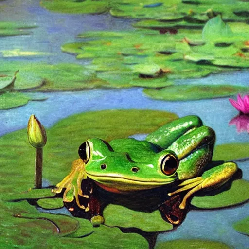 Image similar to !!! sticker!!! close - up of a frog in the water lilies, highly detailed, digital art, matte painting, sharp focus, matte painting, by isaac levitan, monet, asher brown durand,