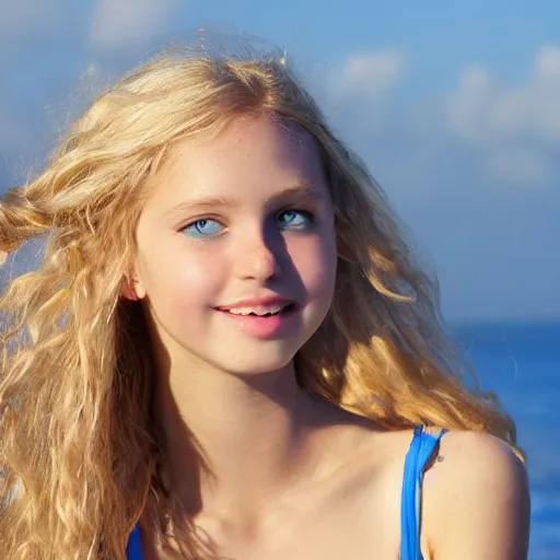Image similar to a very beautiful young tennis girl, full body, long wavy blond hair, sky blue eyes, full round face, short smile, bikini, miniskirt, highly detailed, photograph