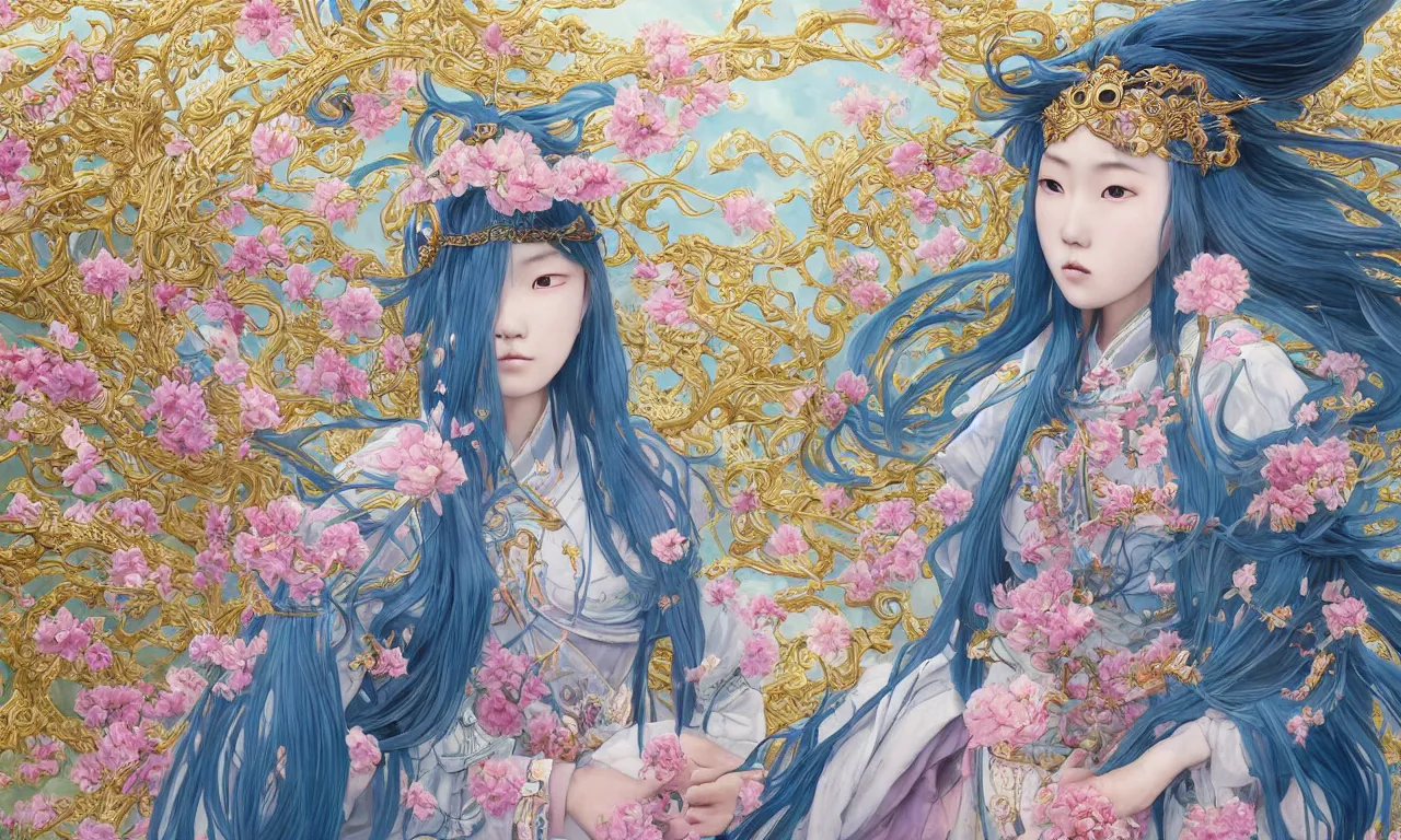 Image similar to breathtaking detailed painting by pilyeon and yuumei art, a full shot samurai queen with long flowing bright blue hair, gauze dress and pastel flowers petals and golden tumultuous clouds, symmetrical facial features, at dawn in front of a pristine golden art nouveau cathedral, elegant, highly detailed, artstation, concept art, matte, sharp focus,