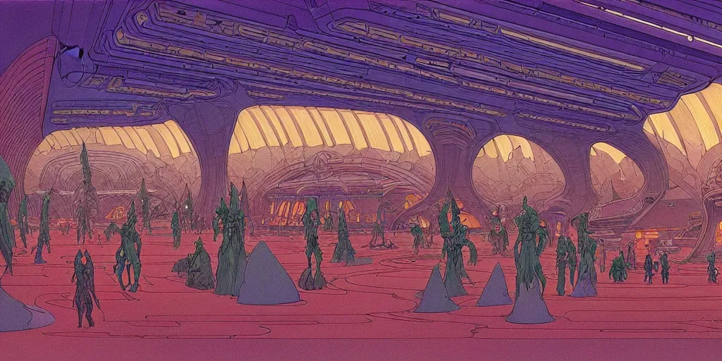 Image similar to cel shaded cinematic shot of the interior of a sci-fi space station with ornate Elven architecture bustling with people, epic castle, emerald, crystalline, detailed illustration, sharp focus, crisp lines, art by Moebius!!!, Jean Giraud Moebius!!! comic illustration
