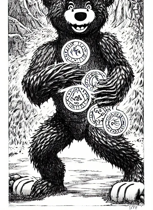 Image similar to a care bear as a d & d monster, on square background, pen - and - ink illustration, etching, by russ nicholson, david a trampier, larry elmore, 1 9 8 1, hq scan, intricate details, high contrast