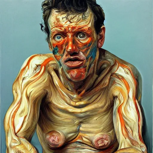 Image similar to high quality high detail portrait painting of a man in agony by lucian freud and jenny saville and francis bacon, hd, anxiety, turquoise and orange