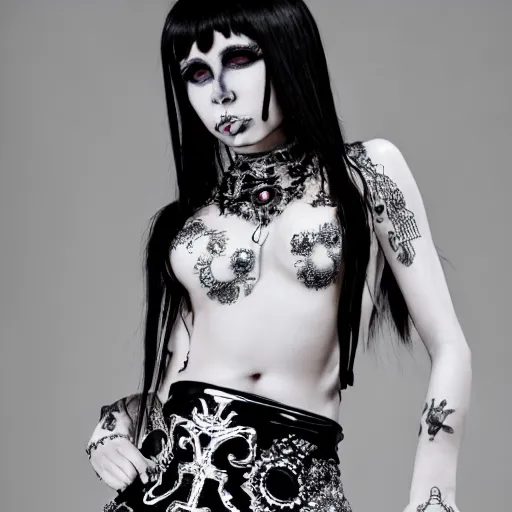 Prompt: kerli koiv model goth girl in mini skirt and crop top intricate, extremely detailed, photograph, photorealistic, 8 k sensual lighting, incredible art, l