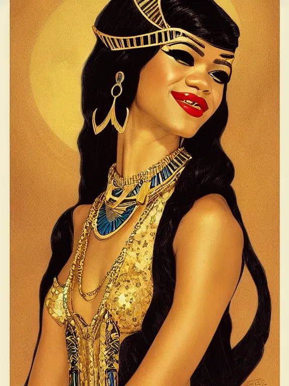 Image similar to Zendaya as Bast the Egyptian goddess, a beautiful art nouveau portrait by Gil elvgren, moonlit Nile river environment, centered composition, defined features, golden ratio, intricate gold jewlery featured in vogue, skincare, makeup