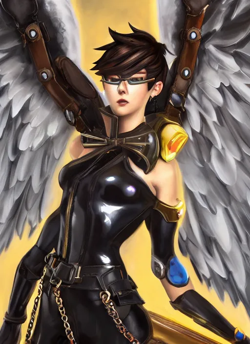 Prompt: full body oil painting of tracer overwatch, angel wings, dramatic painting, symmetrical composition, wearing detailed leather collar, black shiny armor, chains, black harness, detailed face and eyes,