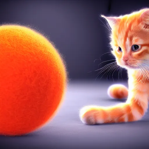 Image similar to orange tabby kitten playing with a ball of yarn, octane render, 4 k