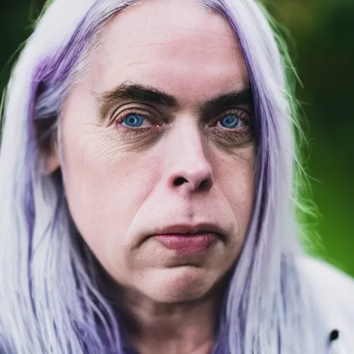 Image similar to dslr photo portrait still of 5 0 year old age 5 0 billie eilish at age 5 0!!!, 8 5 mm f 1. 8