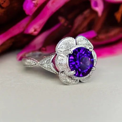 Image similar to a beautiful engagement ring, made out of shiny silver, the ring is covered in purple majestic fire, high quality, photo realistic, detailed, 8k