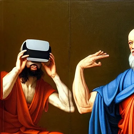 Image similar to socrates wearing a virtual reality headset, renaissance painting