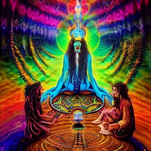 Image similar to magical shaman smoking DMT and meeting interdimensonal beings who share with him the akashic records hyperdetailed 4k very intriguing and mystical surrealism