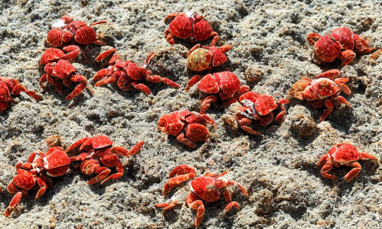 Prompt: a group of anthropomorphic red cute hermit crabs on sandy beach, cartoon